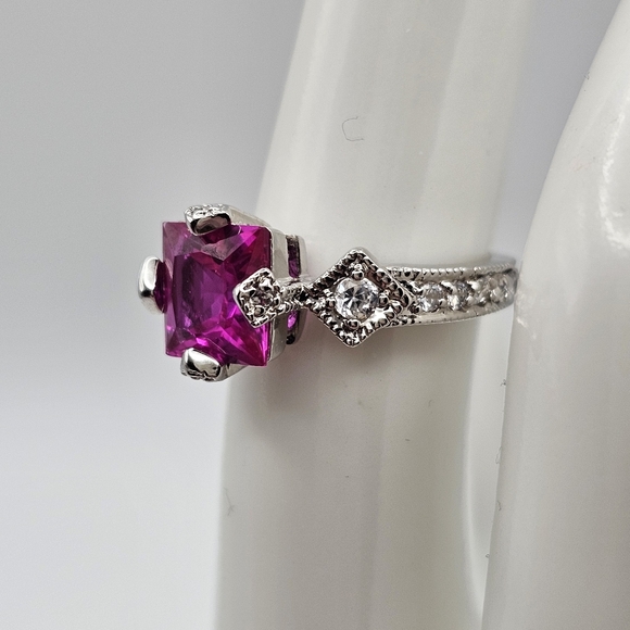 Art Deco Sterling 925 Princess Cut Pink Sapphire With CZ Accent Ring Size 5.75 - Picture 3 of 12